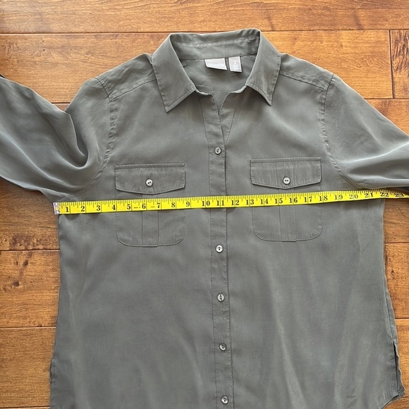Chicos  Buttons Down Blouse Olive Green Long Sleeves Size L chest Pockets - Picture 7 of 11